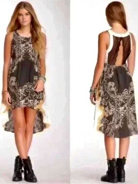 Free People Hi-Low Lace Dress, Open Back, Dark Brown Print, Size S NWOT